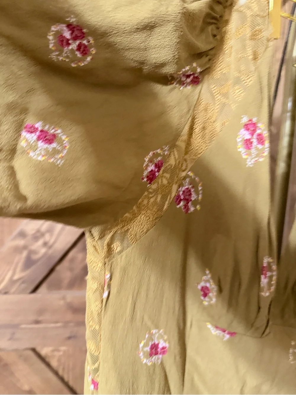 Free People mocking Bird Olive Green Mini Dress with Pink Floral Embroidery